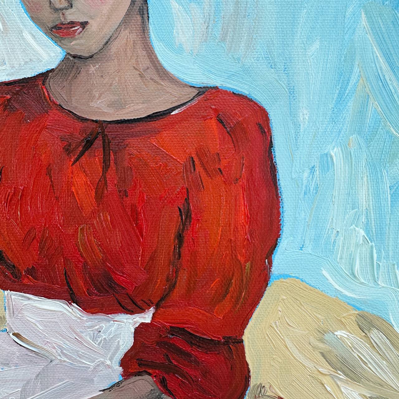 A Girl in a Red Blouse and Hat