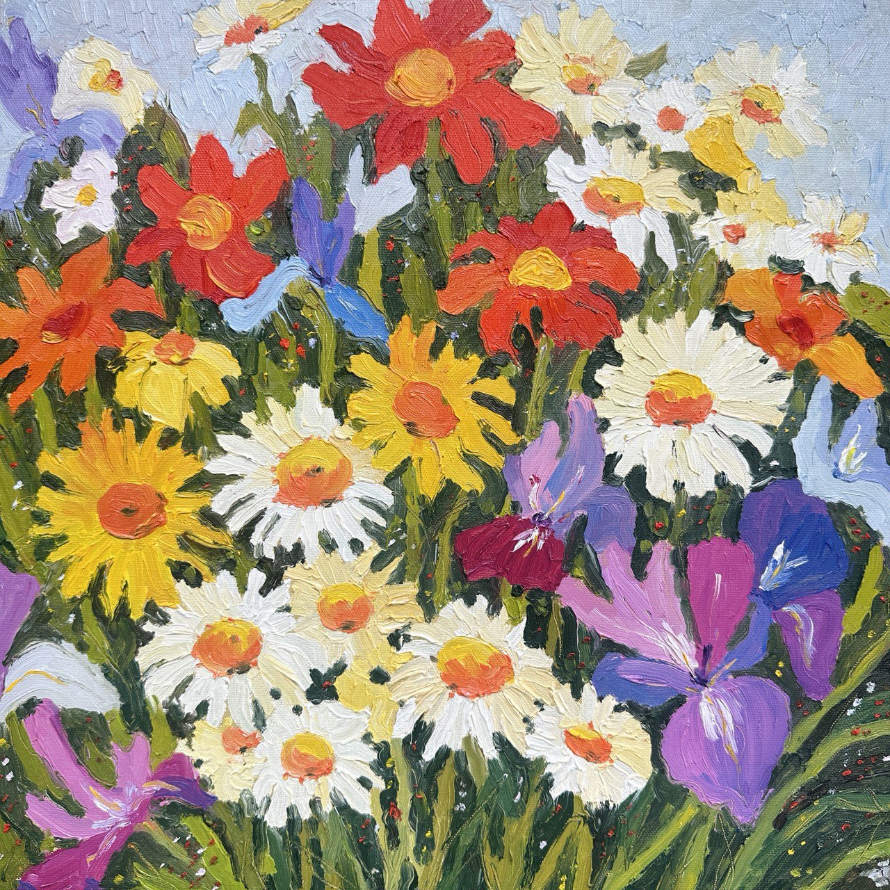 Chamomiles and Irises under the Sky