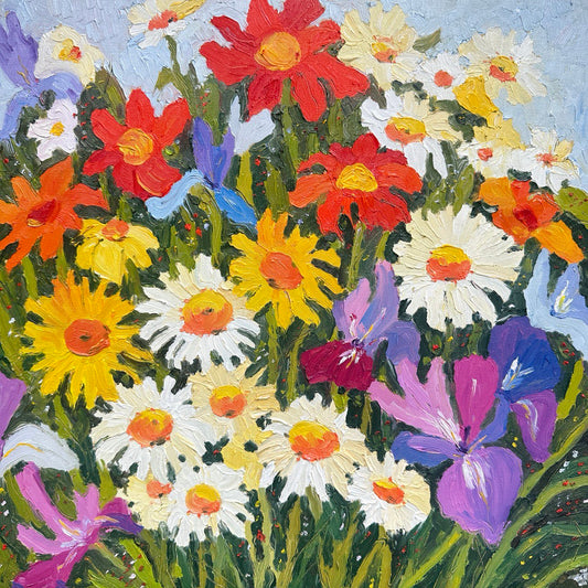Chamomiles and Irises under the Sky