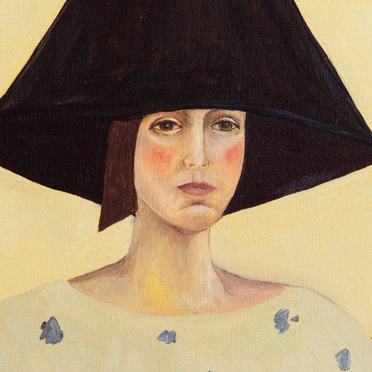 Detail of the woman's face and black hat in The Orange Balloon by Irina Anis