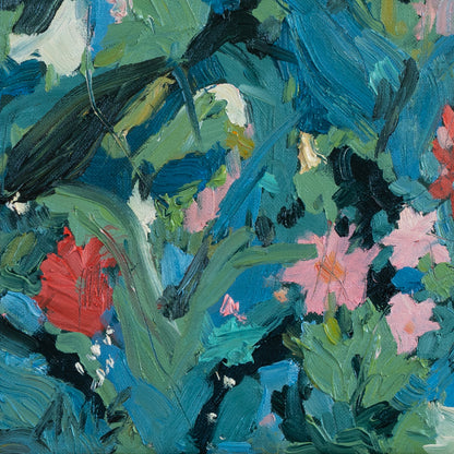Detail of pink and coral botanical forms, sweeping green leaves and textured blue brushwork in In Flux