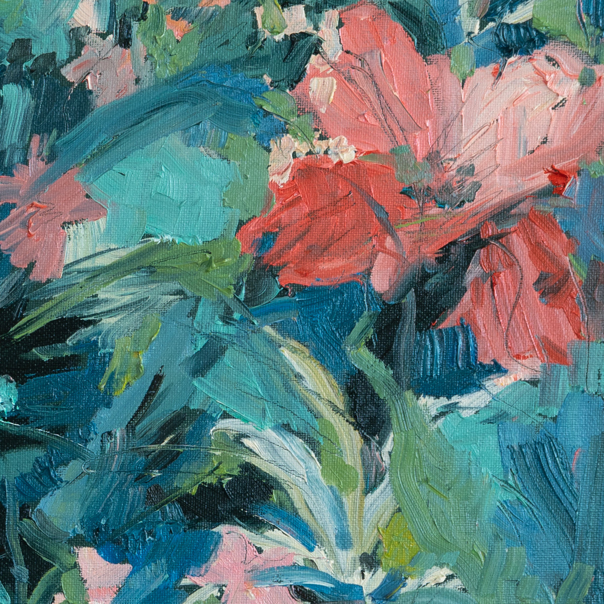 Detail of a coral pink flower among layered turquoise, blue and green brushstrokes in In Flux