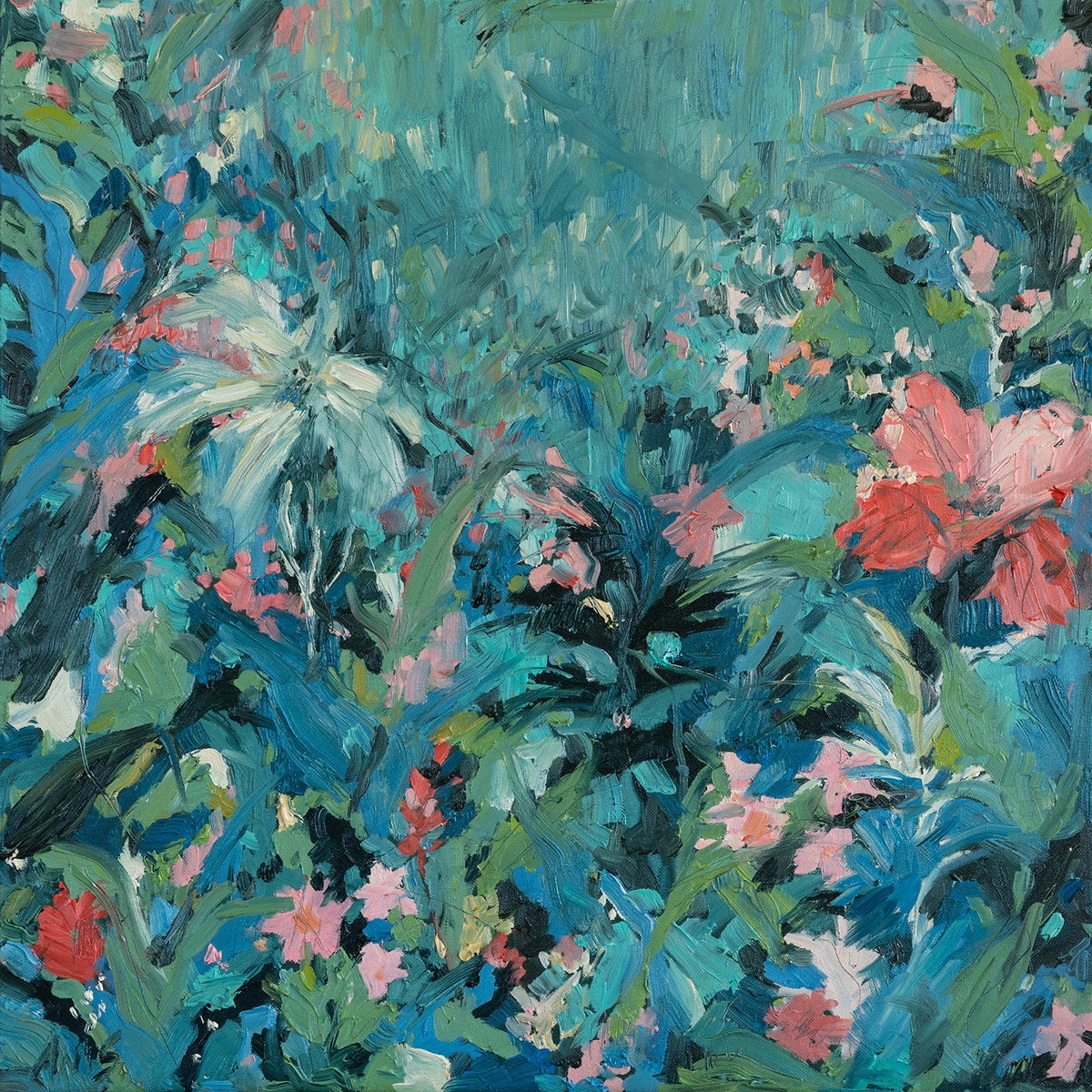 In Flux by Irina Anis, expressionistic botanical oil painting in turquoise, blue and green with pink and coral flowers