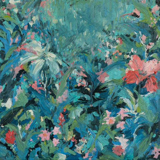 In Flux by Irina Anis, expressionistic botanical oil painting in turquoise, blue and green with pink and coral flowers