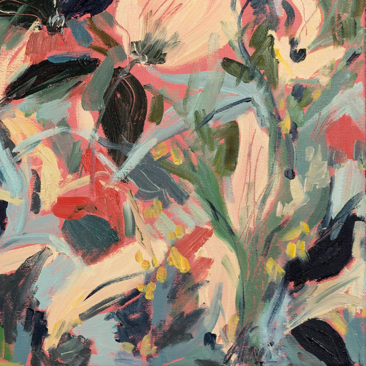 Detail of layered coral, blue, green and cream brushwork and canvas texture in Momentum