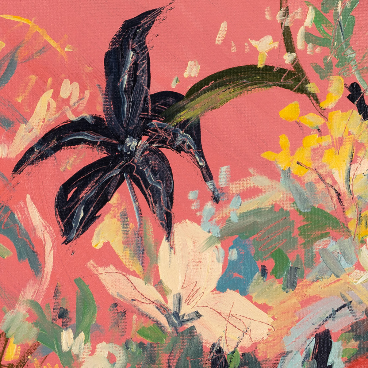 Detail of a dark flower, cream petals and yellow brushstrokes against the coral background in Momentum