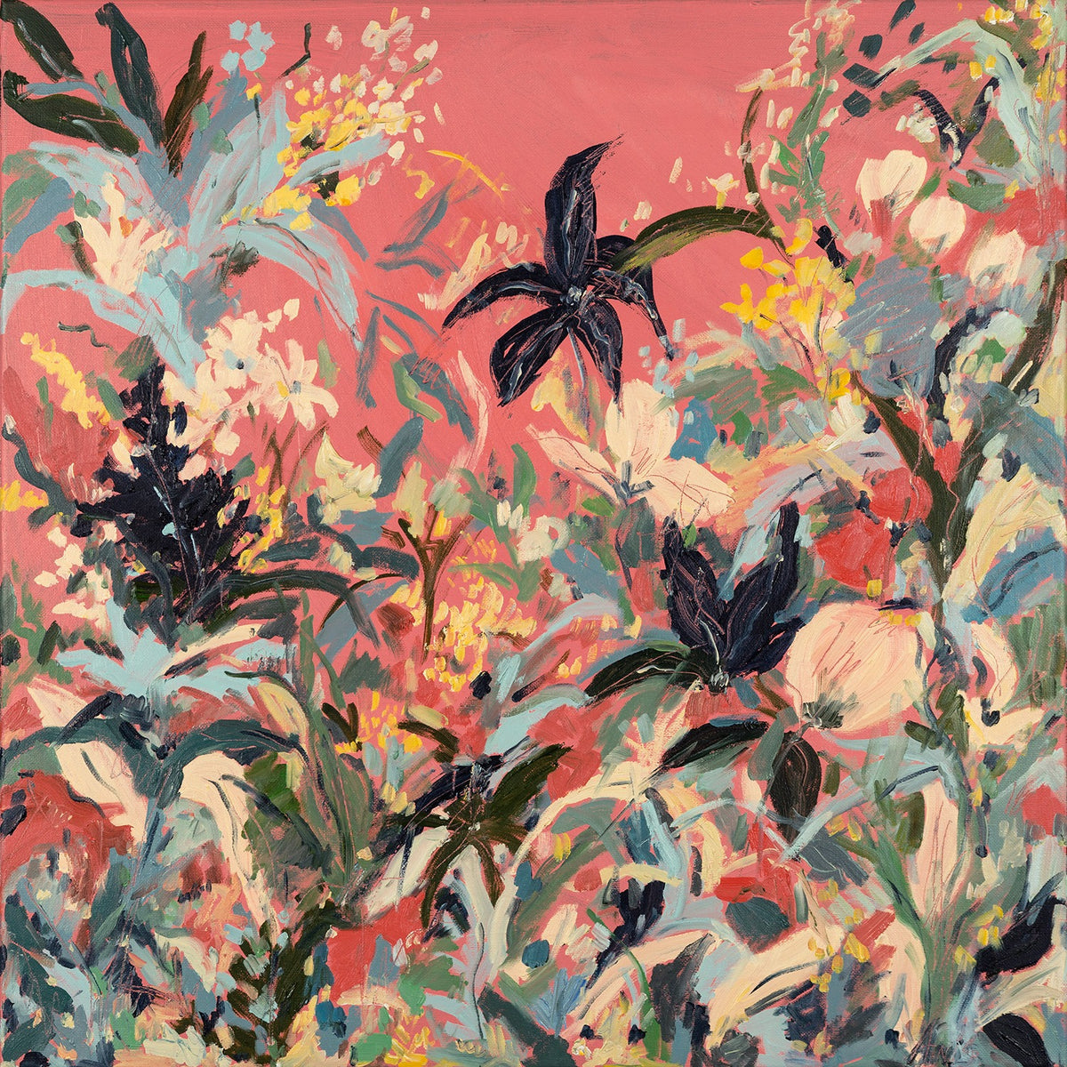 Momentum by Irina Anis, expressionistic floral oil painting with coral pink, deep green, blue and cream forms