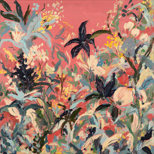 Momentum by Irina Anis, expressionistic floral oil painting with coral pink, deep green, blue and cream forms
