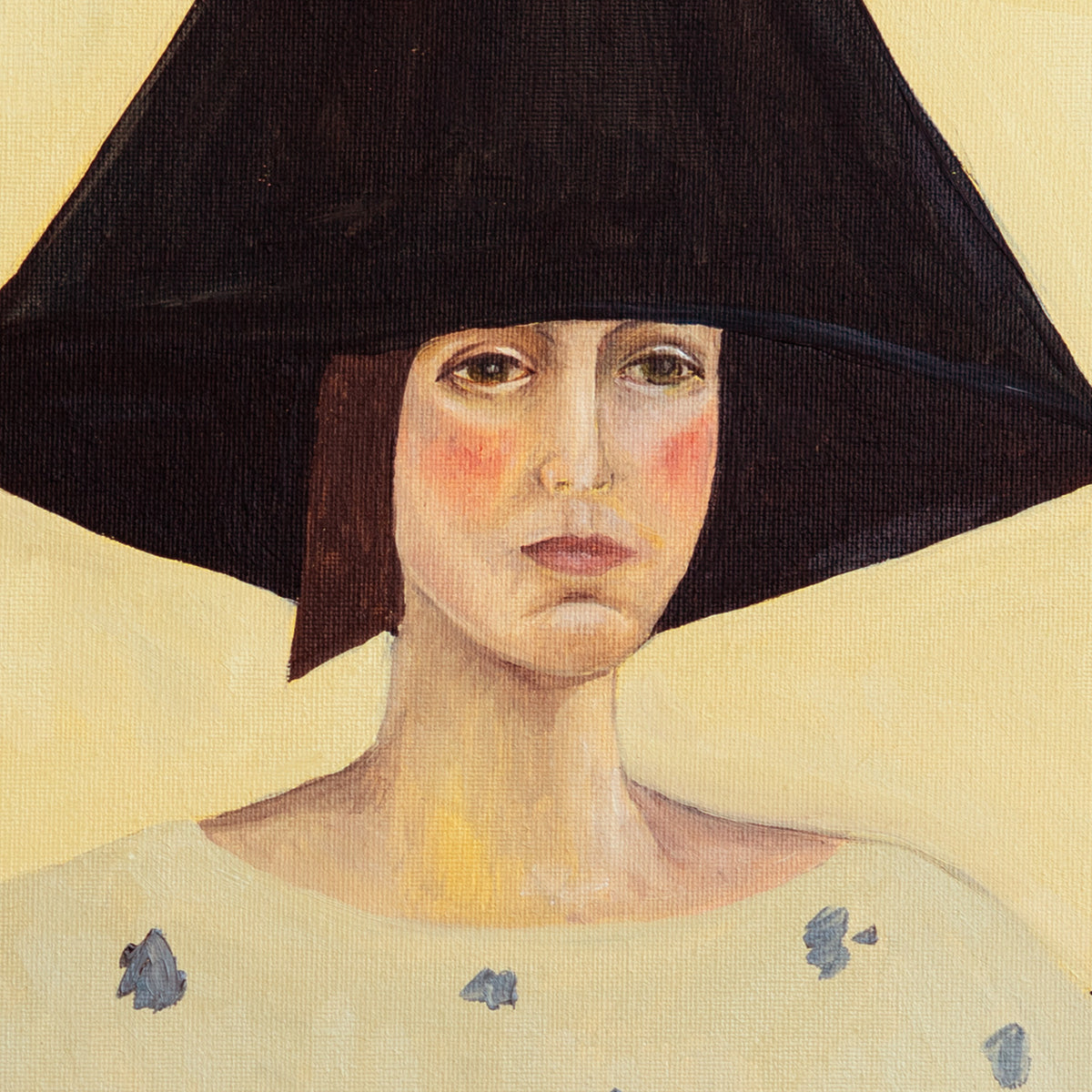 Detail of the woman's face and black hat in The Orange Balloon by Irina Anis