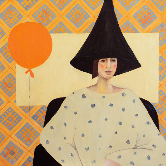 The Orange Balloon by Irina Anis, a woman in a tall black hat beside an orange balloon