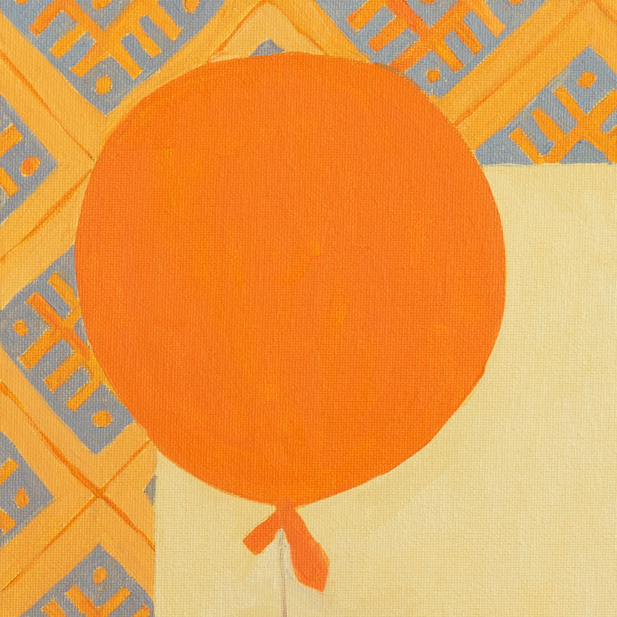 Detail of the orange balloon, yellow and grey patterned background, and canvas texture
