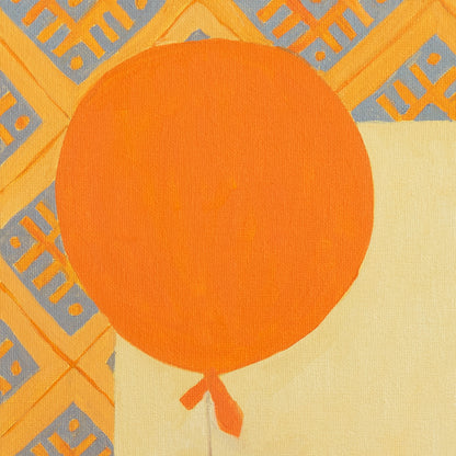 Detail of the orange balloon, yellow and grey patterned background, and canvas texture